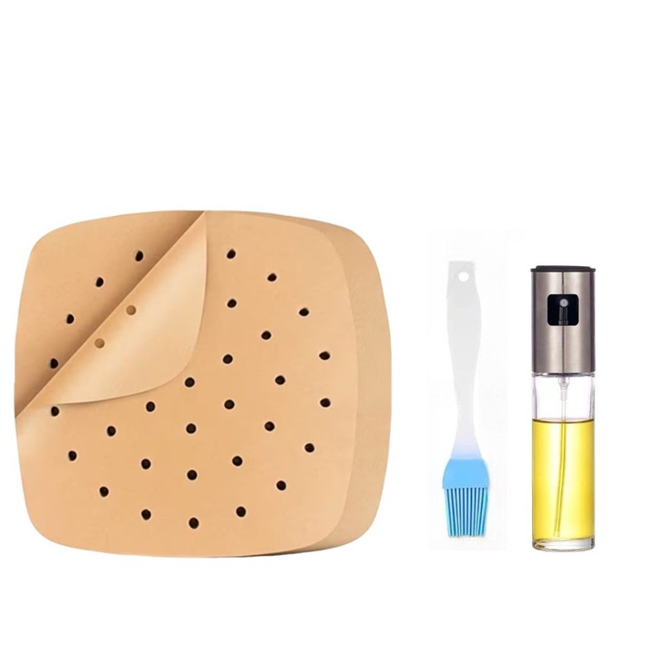 Set hartie de copt perforata pentru AirFryer, 100 Bucati, Contine si o perie de silicon, pulverizatoare pentru ulei, Maro, 20 cm, QUANDES®