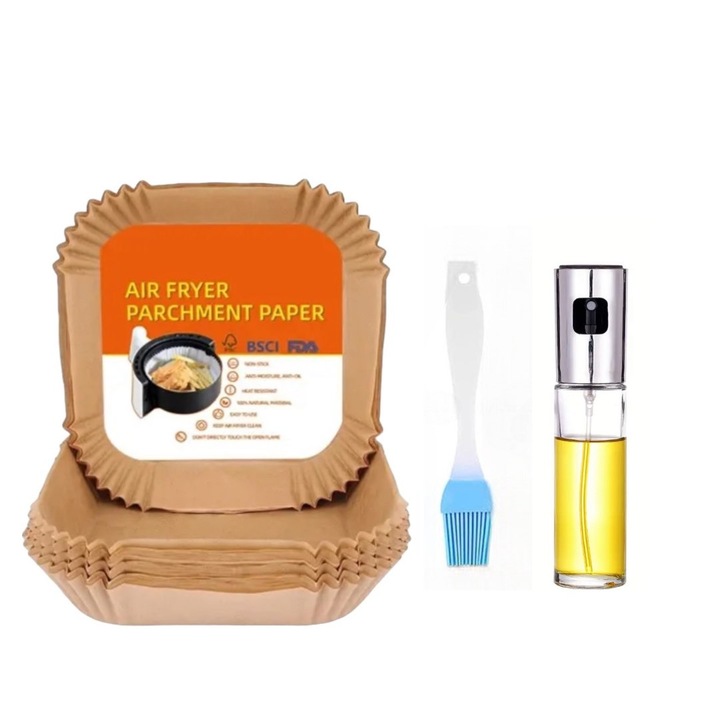 Set 100 bucati captuseli pentru friteuza cu aer, Contine si o perie de silicon, pulverizatoare pentru ulei, Maro, 20 cm, QNDS2