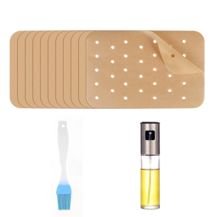 Set Hartie de pergament pentru friteuza, AirFryer, 200 Bucati, Contine si o perie de silicon, pulverizatoare pentru ulei, 14 X 21 cm, pentru FG551 Ninja Foodi Smart XL, Ninja Foodi AF400UK/DZ401 Dual