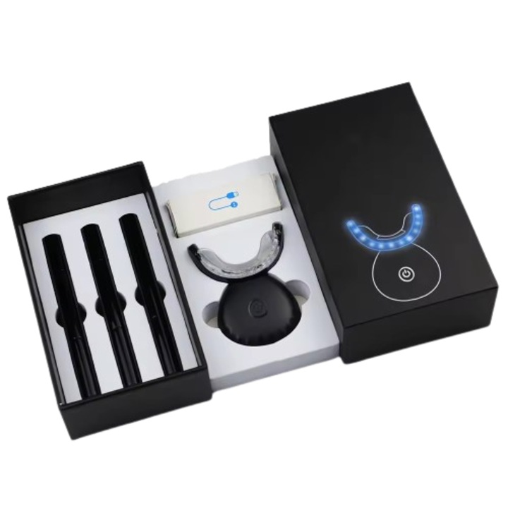 Fogfehérítő készlet, peroxidmentes, 3 gél toll, 32 pontos fénygyorsító, hordozható, fekete