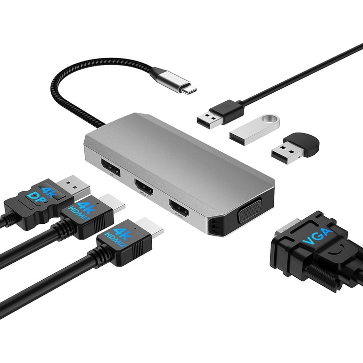 Docking Station Adaptor Multiport USB-C 7 in 1, Miraza, 1 x DP 4k 60Hz, 1 X HDMI 4k 60Hz, 1 x HDMI 4k 30Hz, 1 x VGA Full HD 60Hz, 3 X USB, Plug & Play Windows si Mac OS, Triple sau Quad Monitor Display, Argintiu