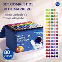 Set 80 de carioci profesionale, cerneala pe baza de alcool, INCO®, multicolore pentru desen, varf dublu subtire si gros, rezistent la apa, geanta transport cu suporti sustinere, Albastru