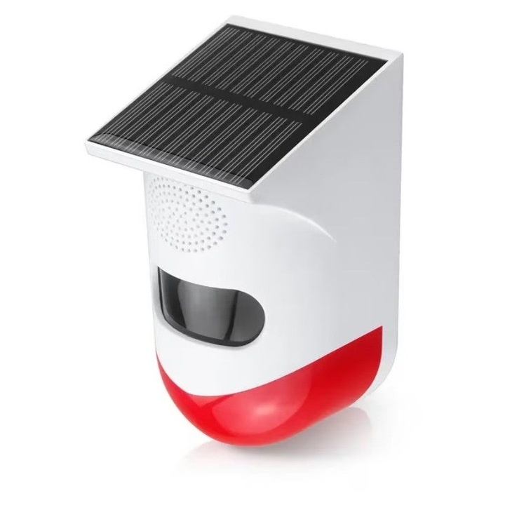 PIR mozgásérzékelő riasztó, napelemes vagy USB töltéssel, IP65, távirányítóval, alkalmazáson belüli vezérléssel, piros-fehér színben