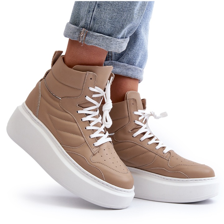 Дамски тенис обувки, Zazoo, Естествена кожа, Бежови, Бежов