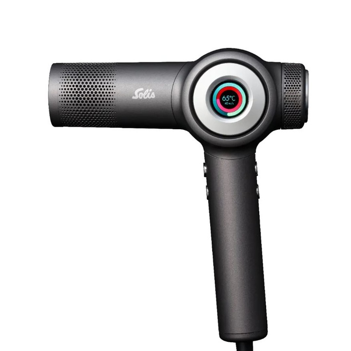Solis hajszárító, AirVolution, ionizációs technológia, LCD kijelző, 4 sebességfokozat, állítható hőmérséklet, személyre szabott beállítások, hideg levegő funkció, gyors szárítás funkció, Care funkció, ergonomikus fogantyú, öntisztító, szürke