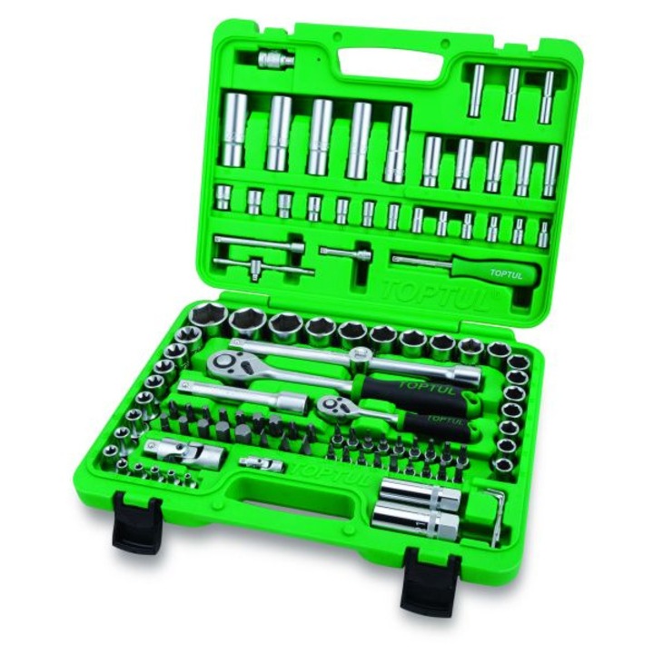 Trusa de 108 chei combinate si tubulare TOPTUL, clichet, prelungitoare scule, antrenor 1/4 inch, 1/2 inch, cutie depozitare