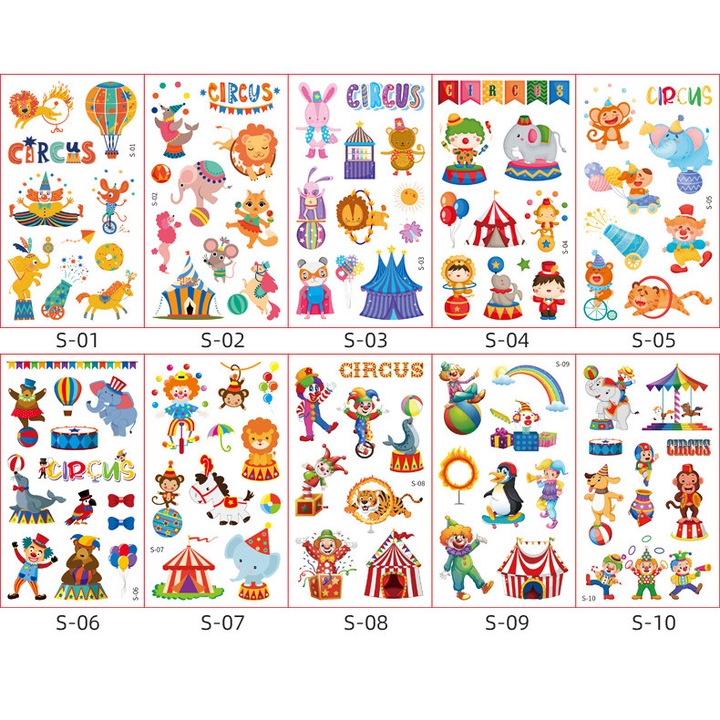 Set 10 coli tatuaje temporare pentru copii, tematica circ, rezistente la apa, multicolor