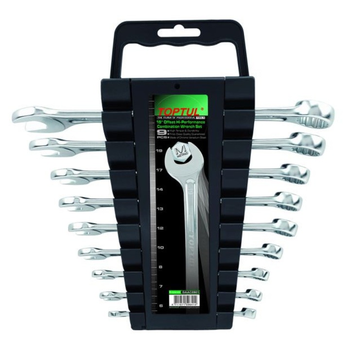 Комплект от 9 комбинирани гаечни ключове Toptul с размери 10 мм, 12 мм, 13 мм, 14 мм, 17 мм, 19 мм, 6 мм, 7 мм, 8 мм