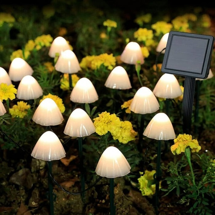 Lampa solara LED Rovo 01-Alb, ciupercute, acumulator 600 mAh, 8 moduri de functionare, lumina alba calda (3000K), 6.5m