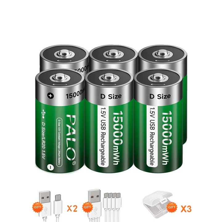 PALO D méretű újratölthető akkumulátorok, 1.5V, 15000mWh, 6 darabos készlet
