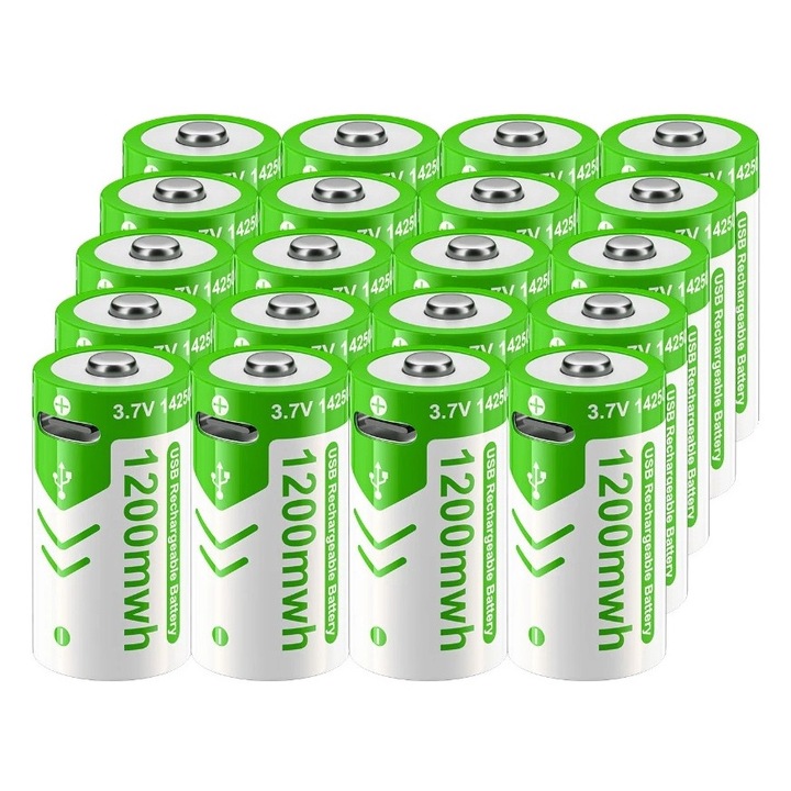 Set 20 bucati baterii reincarcabile Li-Ion, 14250 3.7V, 1200mWh, certificare CE/RoHS, port USB tip C