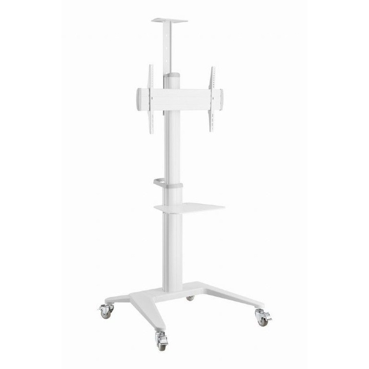 Gembird (TVS-70T-02-W) TV padlóállvány görgőkkel, aluminium, 37 " - 70 "-ig, max 70 kg, állítható magasságú polccal, fehér