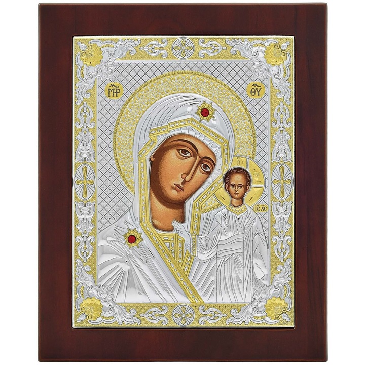 Ezüsttel és arannyal bevont ikon, fa keret, Szűz Mária, 12,5 cm x 10 cm
