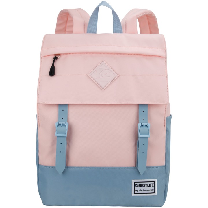 Ученическа раница BESTLIFE Col-Buckles, Отделение за таблет и лаптоп 15,6 инча, Розов/Сив