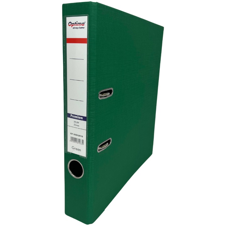 Класьор Optima Premium, А4, Ламиниран PP/PP, Метален ръб, 50 мм, Зелен