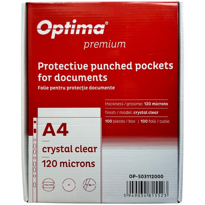 Джоб за документи Optima Premium, А4, 120 микрона, 100 джоба/кутия, Кристал