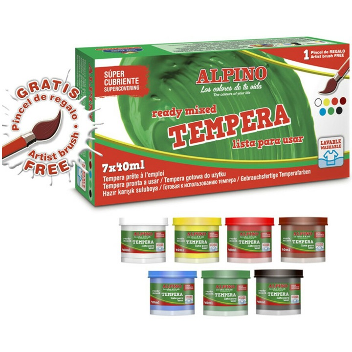 Tempera lavabila, 7 culori x 40ml/cutie + pensula gratis, Alpino