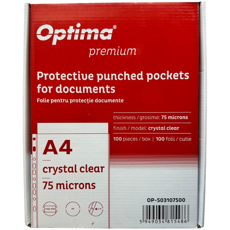 Folie protectie pentru documente A4, 75 microni, 100 folii/cutie, Optima Premium - cristal