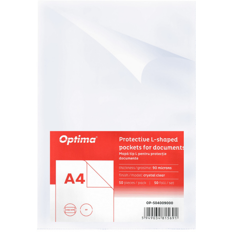 Mapa protectie "L" pentru documente A4, 90 microni, 50/set, Optima - cristal