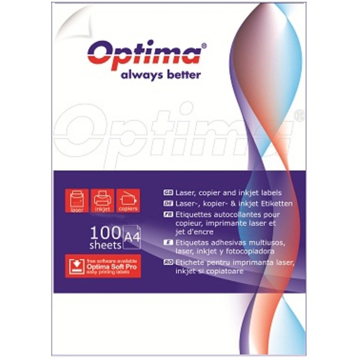 Самозалепващи етикети Optima, 24/А4, 70 х 35 мм, 100 листа/топ, Бял