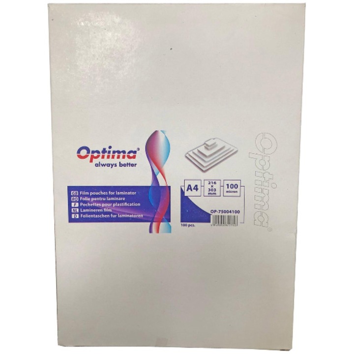 Фолио за ламиниране Optima, А4 (216 x 303 мм), 100 микрона, 100 броя/топ