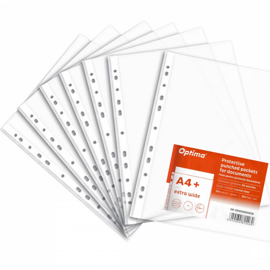 Folie protectie pentru documente A4, 60 microni, 100 folii/set, Optima Extra Wide - cristal
