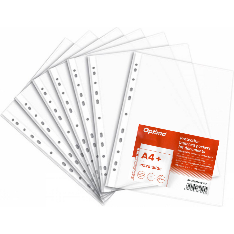 Folie protectie pentru documente A4, 60 microni, 100 folii/set, Optima Extra Wide - transparent