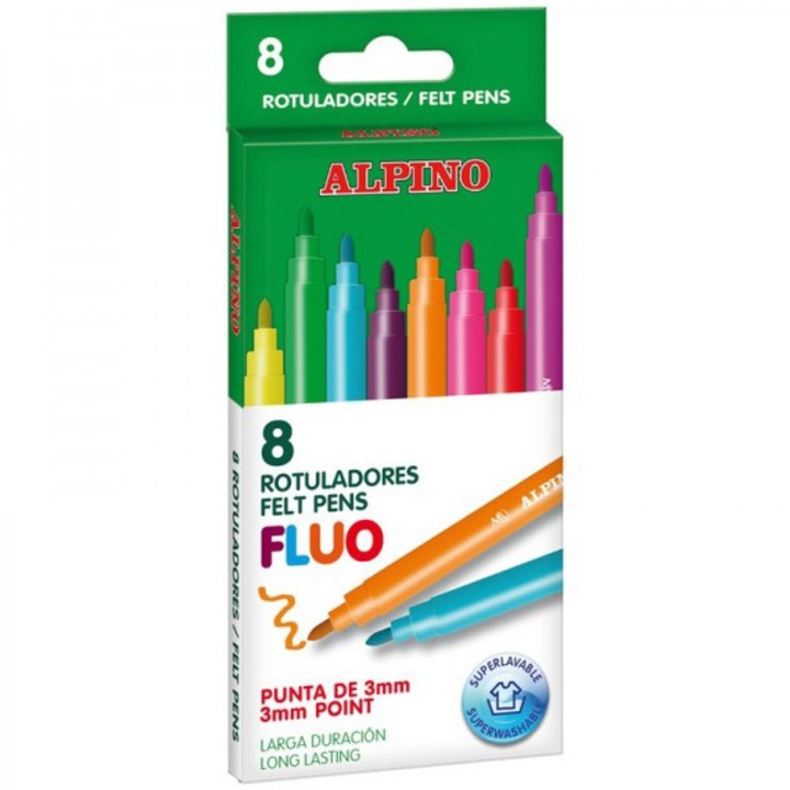 Carioca lavabila, 8 culori/cutie, ALPINO Fluo - culori fluorescente