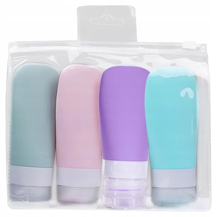 Set 4 Recipiente Calatorie, 60 ml, Cu Etui, Silicon/Plastic, Multicolor