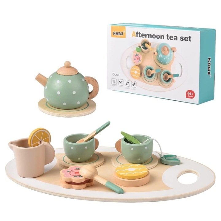 Joc educativ de rol, Set de ceai cu accesorii, din lemn, 15 piese, Kabi, + 3 ani