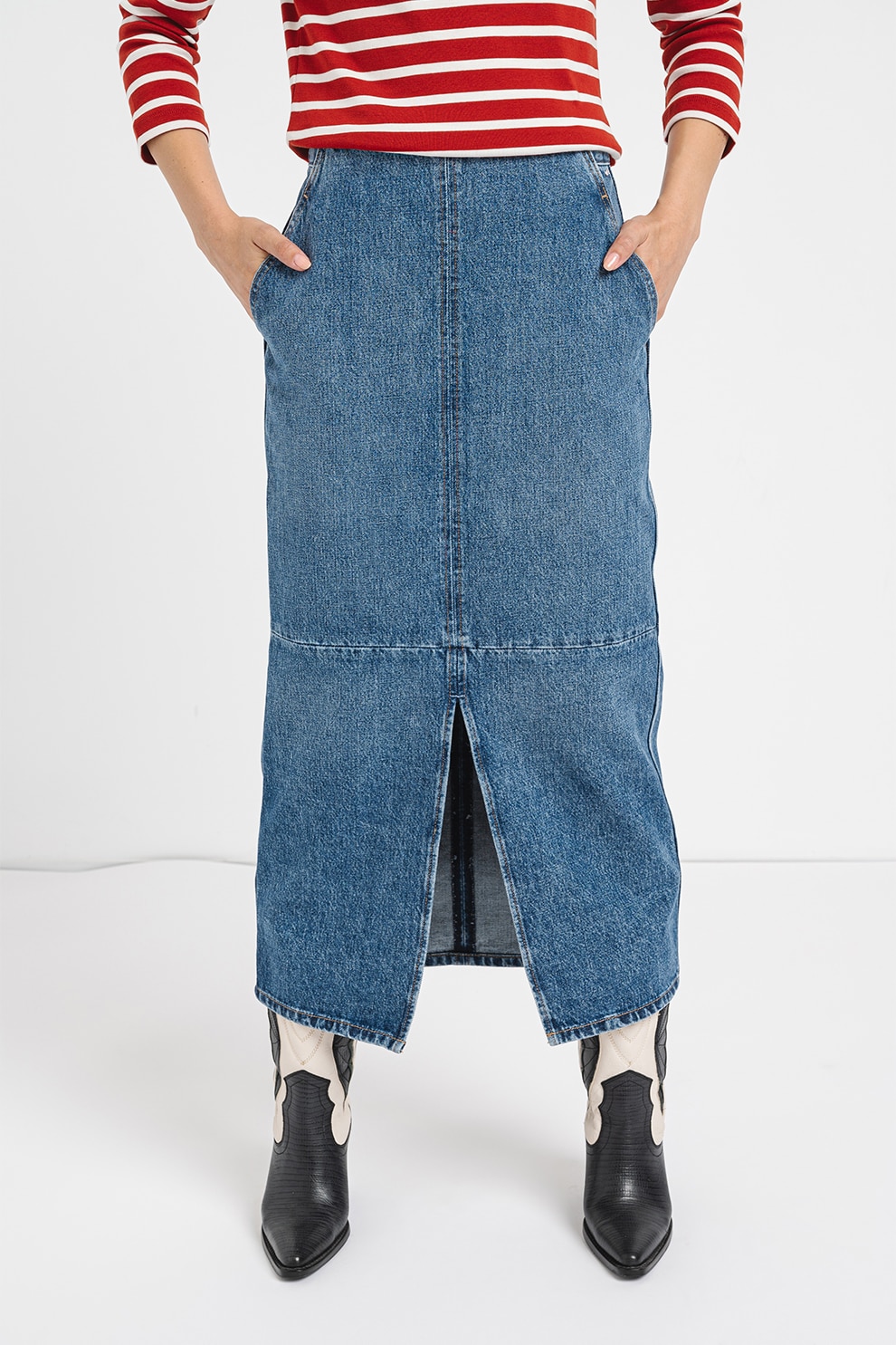 Tommy Hilfiger, Fusta de denim cu slit frontal, Albastru, 40