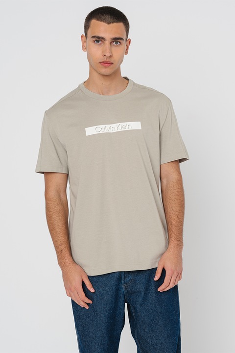 CALVIN KLEIN, Тениска със стандартна кройка и лого, Светло сив