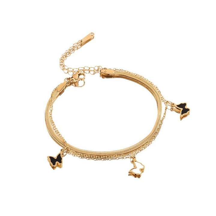 Bratara Dama, Model Fluturi Negru-Alb, Tip Zale Duo, Reglabila, Otel inoxidabil, Placat cu aur, Culoare Gold