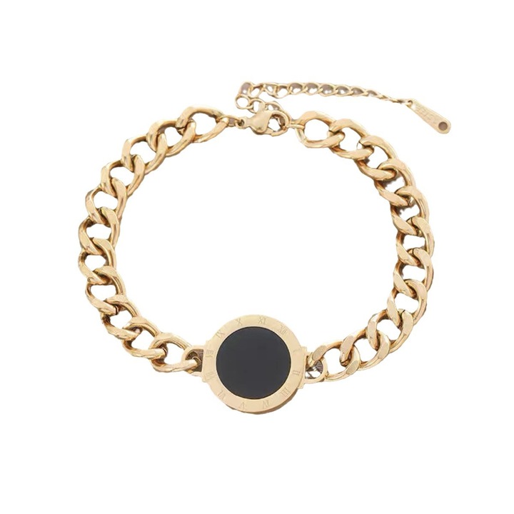 Bratara Dama, Tip Zale, Model cifre romane negru, Otel inoxidabil, Placat cu aur, Culoare Gold