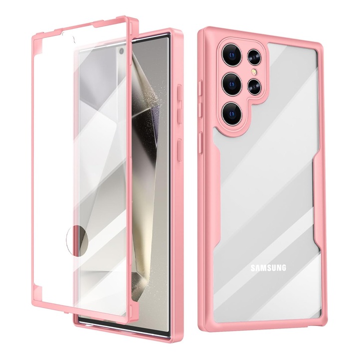 Husa de protectie 360° compatibila cu Samsung Galaxy S23 Ultra, Full Protection, Rezistenta la socuri, Protectie camera, Roz deschis