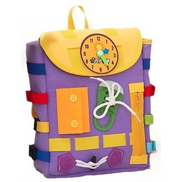 Montessori hátizsák, 2-6 év, érzékszervi játékokkal, tanulási tevékenység játékon keresztül, lila, 0,25 kg, 28x10x23 cm
