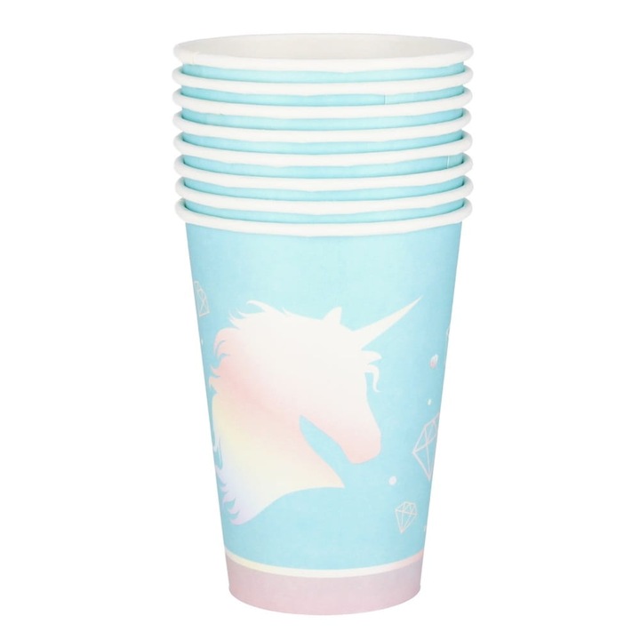 Комплект от 8 чаши Arpex за еднократна употреба, тема еднорог и диамант, за парти