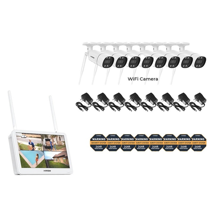Videó megfigyelő készlet, Arcfelismerés, Hang- és fényriasztó, Színes éjszakai látás, 3 MP 8 kamerák, 12" IP66, Multisystem