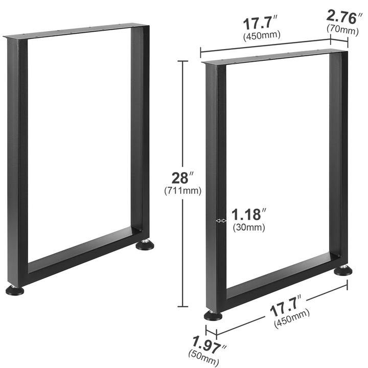 Комплект от 2 крака за маса, стоманени, регулируеми, висока устойчивост, 45 x 71 x 7 см, черни