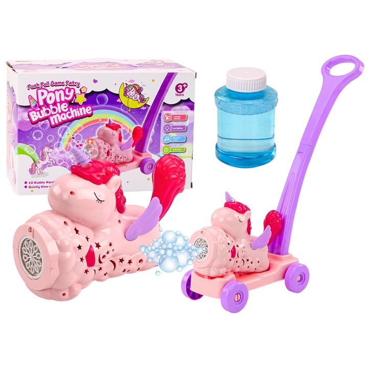 Интерактивна играчка LEAN TOYS, Машина за балончета, Еднорог на колела, Светлини и звуци, Розова, 23x18x9см