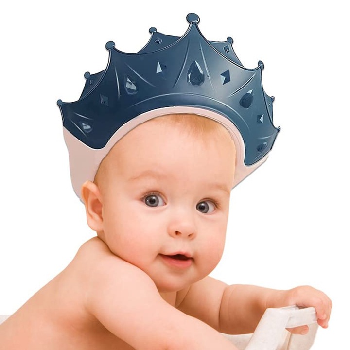 Sapca de dus ajustabila pentru copii, protectie urechi si ochi, 38-60cm, albastru