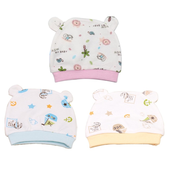 Комплект 3 шапки за бебета QttvbTna, памук, многоцветни, 15x13см, 0-3 месеца