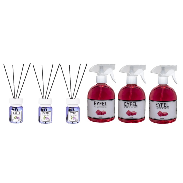 Set 6X Eyfel Odorizant Camera Variety, 3X Liliac 120ml, 3X Sakiz Spray 500ml, parfum floral, persistenta indelungata, design elegant, ingrediente naturale, prietenos cu mediul