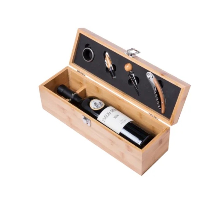 Set elegant cutie din lemn pentru vin cu accesorii, tirbuson professional, dop elegant, antipicurator si cutter folie