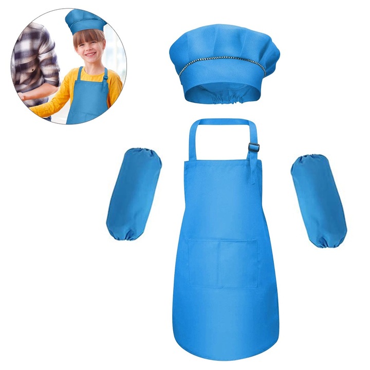 Set sort si boneta de bucatar pentru copii, cu maneci, albastru, M