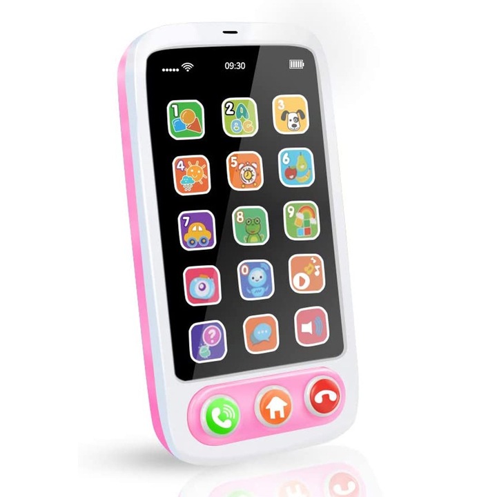 Jucarie interactiva QttvbTna, telefon muzical educativ, lumini, roz, 15.8x8x3cm
