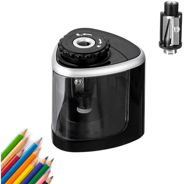 AMRINUGL elektromos hegyező, elemekkel és USB-vel, 6-8 mm-es ceruzához, fekete, műanyag