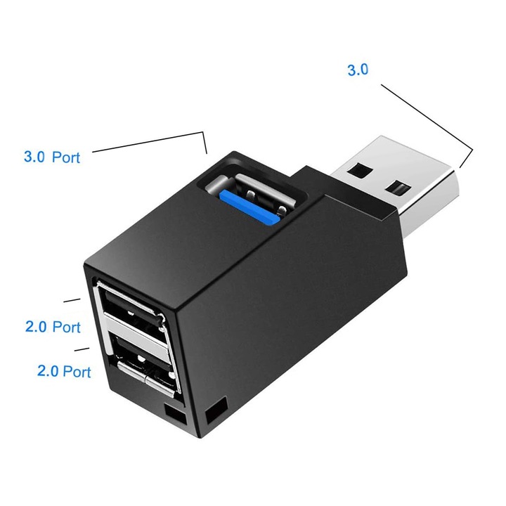 USB 3.0 elosztó 3 porttal, 2 USB 2.0 + USB 3.0, hordozható, tápellátás nélküli, PC-kkel és USB 3.0 eszközökkel kompatibilis