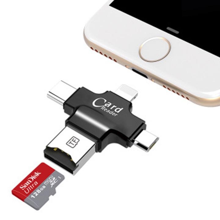 Cititor carduri microSD 4 in 1, AMRINUGL, Lightning, Micro USB, USB-C, compatibil cu smartphone-uri Android si iOS