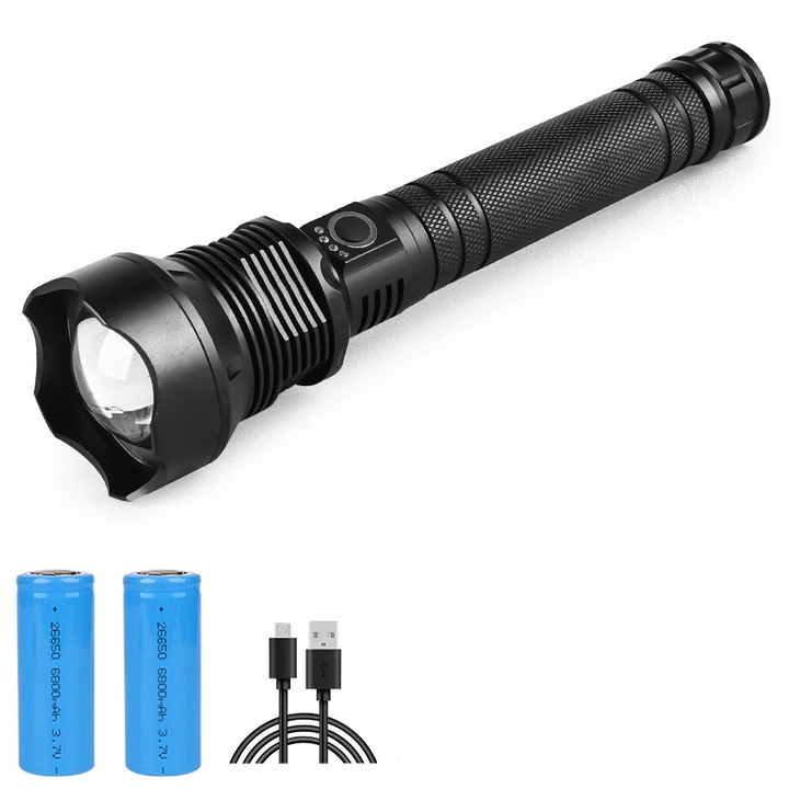 LED фенер, алуминий, водоустойчивост IPX5, 1800lm, черен, 247x60x34mm, комплект с 2 батерии и USB кабел